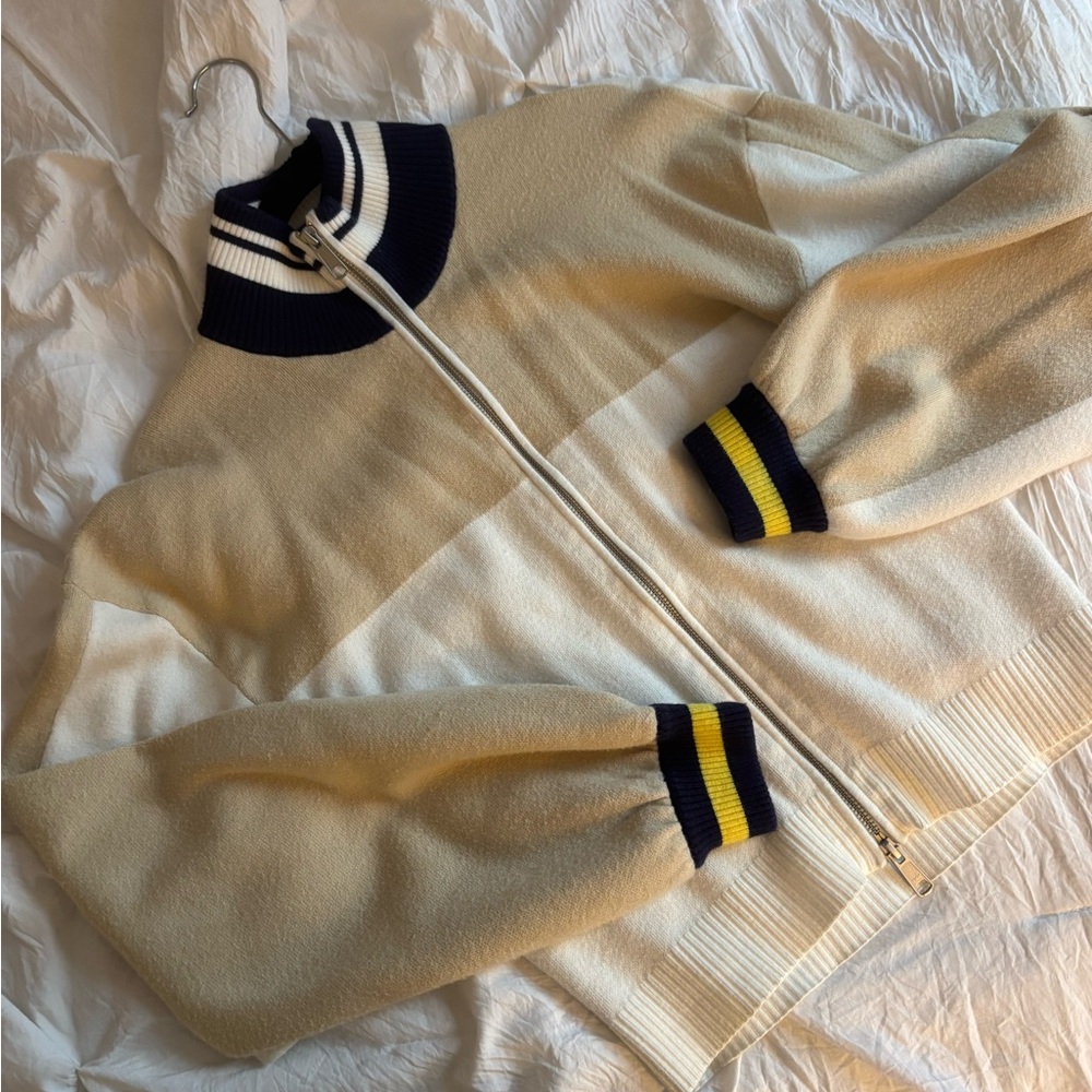 Maeve Beige and Navy Zip-Up Sweater